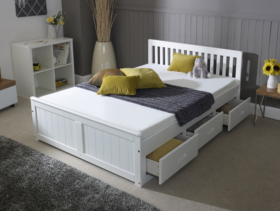 white double bed with storage and mattress
